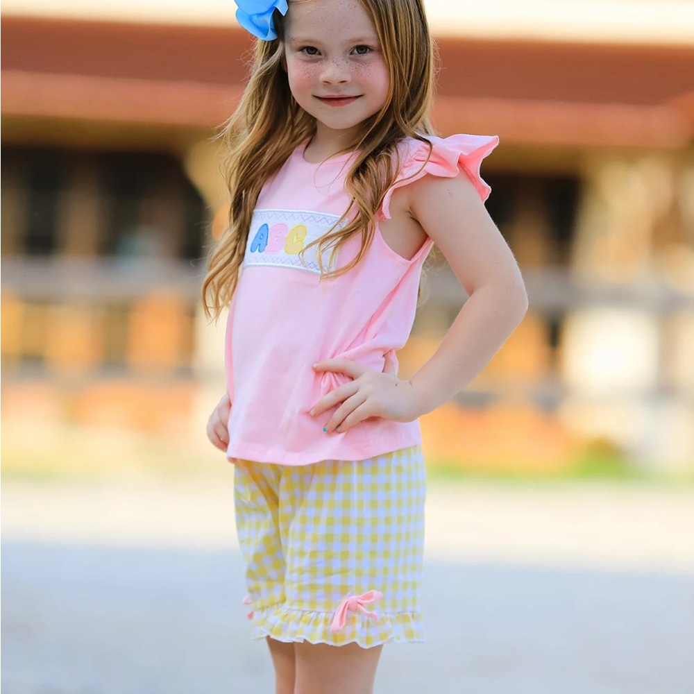 Back To School Ruffle Sleeve Top and Yellow Gingham Shorts Set